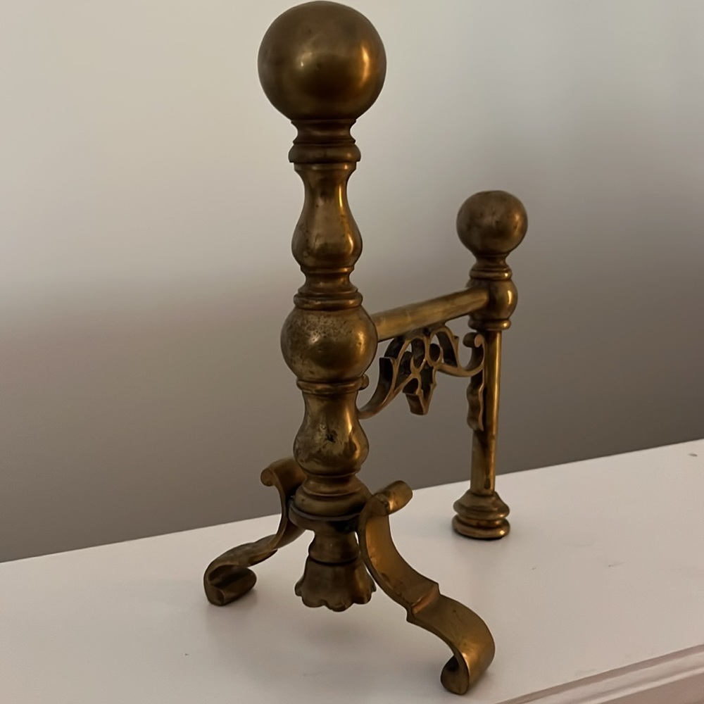 Antique small andiron solid brass antique Chenet fire dog fireplace tool EX